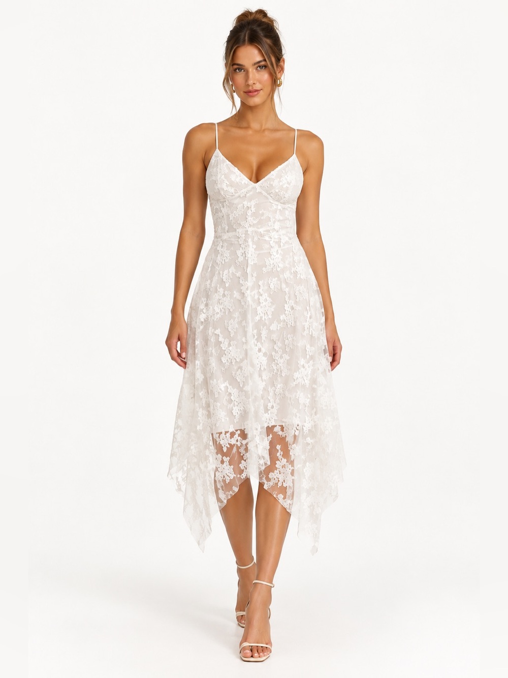 NWOT Lace Handkerchief Hem Spaghetti Strap Dress in White